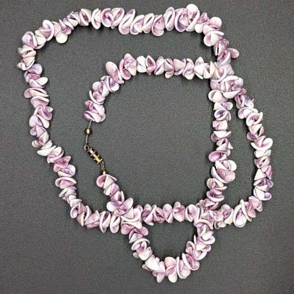 Shell Statement Necklace - Purple and White Periwinkle Lily Shell Beads - 32" - Picture 3 of 4